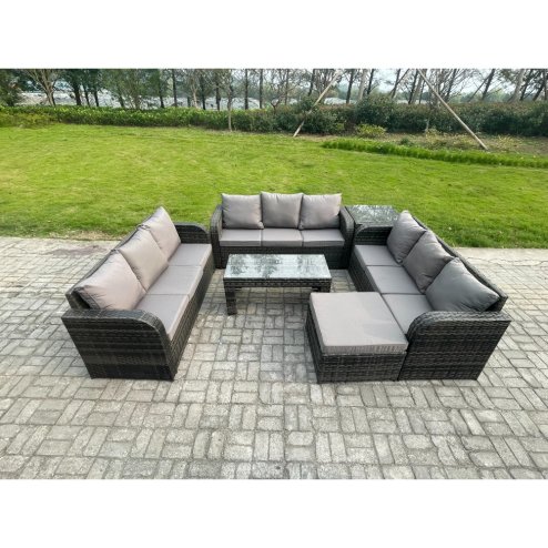 Fimous Outdoor Lounge Sofa Set 10 Seater Rattan Garden Furniture Set with Rectangular Coffee Table Side Table Big Footstool 3 Seater Sofa Dark Grey Mixed