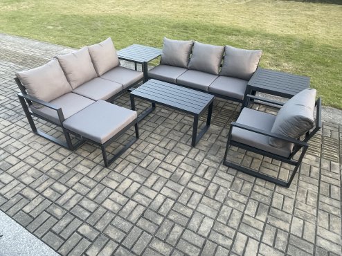 Fimous Aluminium 8 Seater Garden Furniture Outdoor Patio Sofa Set with Rectangular Coffee Table Armchair Big Footstool 2 Side Tables Dark Grey