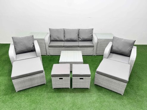 Fimous Outdoor Garden Furniture Set PE Rattan Lounge Sofa Set with Coffee Table 3 Seater Sofa 4 Footstools 2 Side Tables Light Grey