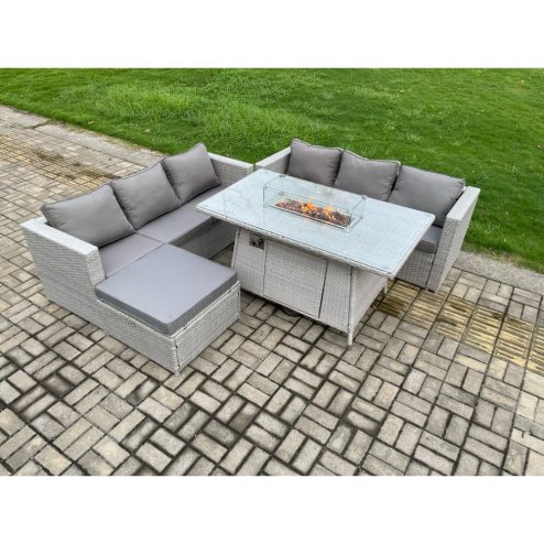 Fimous Garden Dining Sets Outdoor Rattan Furniture Gas Fire Pit Dining Table Gas Heater with Big Footstool Light Grey