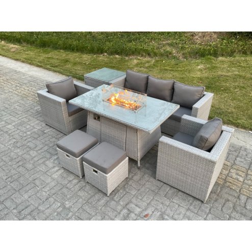 Fimous Rattan Garden Furniture Set Gas Fire Pit Lounge Sofa Chair Dining Set With Side Table And 2 PC Arm Chair Stools
