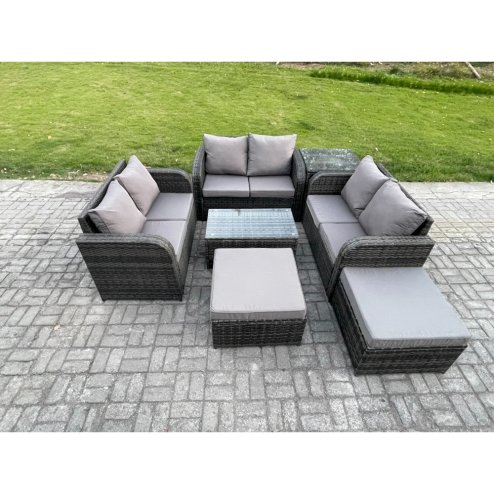 Fimous Wicker PE Rattan Garden Furniture Set 8 Seater Outdoor Lounge Sofa Set with Love Sofa Coffee Table Side Table 2 Big Footstool Dark Grey Mixed