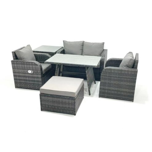 Fimous Outdoor Garden Furniture Set Rattan Sofa Dining Table Set with Reclining Chair Side Table Big Footstool Dark Grey Mixed