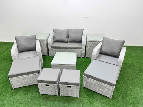 Fimous Outdoor Garden Furniture Set PE Rattan Love Sofa Reclining Chair Set with Coffee Table 4 Footstools 2 Side Tables Light Grey
