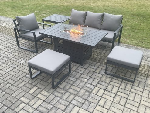 Fimous Aluminium 6 Pieces Garden Furniture Sofa Set with Cushions Gas Fire Pit Dining Table Set with 2 Big Footstools Side Table Dark Grey