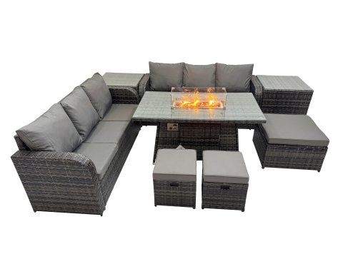 Fimous Garden Outdoor Rattan Furniture Set Rattan 3 Seater Sofa with 3 Stools 2 Side Tables Dark Grey Mixed