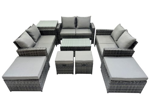 Fimous PE Rattan Garden Furniture Set Lounge Double Seat Sofa Coffee Table Set with Side Table 4 Stools Dark Grey MixedMixed