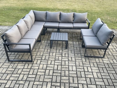 Fimous 9 Seater Patio Outdoor Garden Furniture Aluminium Lounge Corner Sofa Set with Square Coffee Table Dark Grey