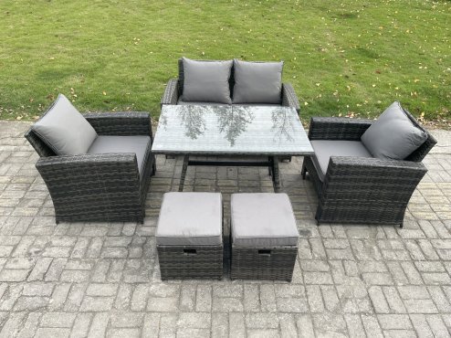 Fimous 6 Seater Outdoor Garden Furniture High Back Rattan Sofa Dining Table Set with 2 Small Footstools Dark Grey Mixed