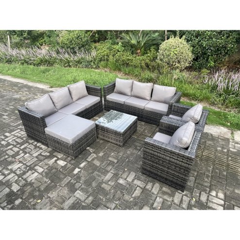 Fimous Outdoor Rattan Garden Furniture Set 9 Seater Patio Lounge Sofa Set with Armchair Square Coffee Table Big Footstool Dark Grey Mixed