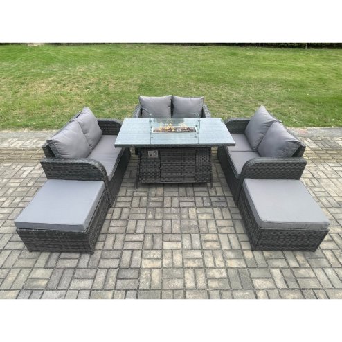 Fimous 8 Seater Rattan Outdoor Garden Furniture Sofa Set Gas Fire Pit Dining Table Gas Heater with Love Sofa 2 Big Footstool Dark Grey Mixed