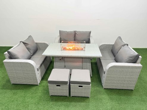 Fimous 8 Seater PE Wicker Rattan Furniture Sofa Sets with Firepit Dining Table 2 Seater Love Sofa 2 Stool Light Grey