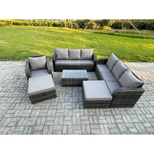Fimous Wicker PE Rattan Garden Furniture Set 9 Seater Outdoor Lounge Sofa Set with Coffee Table 2 Big Footstool Dark Grey Mixed