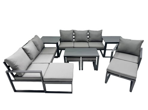 Fimous Outdoor Garden Furniture Set Aluminium Lounge 3 Seat Sofa Oblong Coffee Table Sets with Chair 4 Stools 2 Side Tables Dark Grey