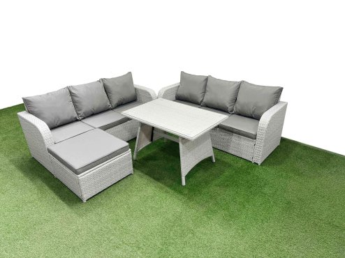 Fimous Patio Dining Table & Chairs Set Rattan High Back Lounge Sofa Set with 3 Seater Sofa Big Stool Light Grey
