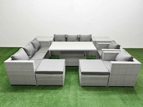 Fimous 9 PCs Rising Dining Table Set Rattan Furniture Set with 3 Seater Sofa Chair 2 Big Footstools 2 Side Tables Light Grey