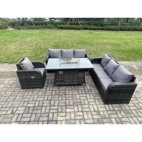 Fimous Rattan Outdoor Furniture Gas Fire Pit Rectangle Dining Table Gas Heater Reclining Chair 3 Seater Sofa Sets 7 Seater