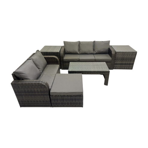 Fimous Rattan Garden Outdoor Furniture Set 3 Seater Sofa Love Sofa Coffee Table with Big Footstool 2 Side Tables Dark Grey Mixed