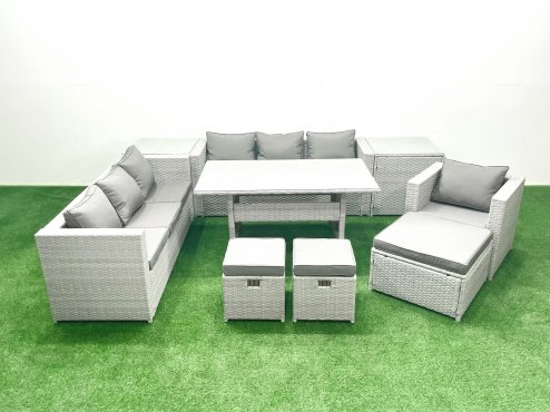 Fimous 9 Pieces Outdoor Rattan Sofa Set with Cushions Patio Garden Furniture Sets with Armchair Dining Table 2 Side Tables 3 Footstools