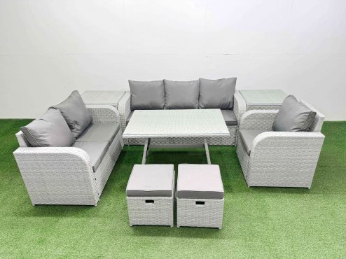 Fimous Rattan High Back Lounge Sofa Set Patio Dining Table & Chairs Set with 3 Seater Sofa Reclining Chair 2 Side Tables 2 Small Stool Light Grey