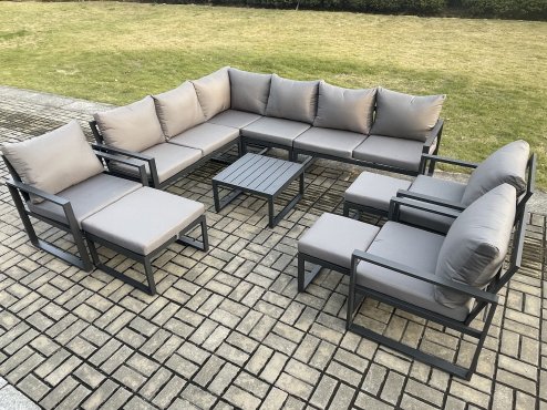 Fimous 12 Seater Outdoor Lounge Corner Sofa Set Aluminum Garden Furniture Sets with Square Coffee Table 3 Chairs 3 Footstools Dark Grey