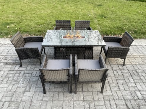 Fimous Outdoor Rattan Garden Furniture Set Gas Fire Pit Rectangular Table Sets Gas Heater with 6 Seater Dining Cahirs Dark Grey Mixed