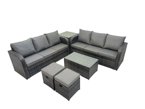 Fimous Outdoor 3 Seater Sofa Coffee Table Set Garden Rattan Furniture Set 8 Seater with 2 Small Stools Side Table Dark Grey