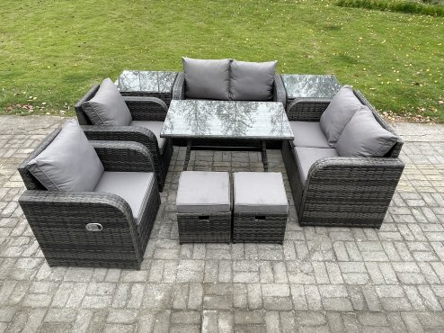 Fimous 8 Seater Wicker PE Rattan Garden Dining Set Outdoor Furniture Sofa with Rectangular Dining Table 2 Side Tables 2 Small Footstools Dark Grey Mixed