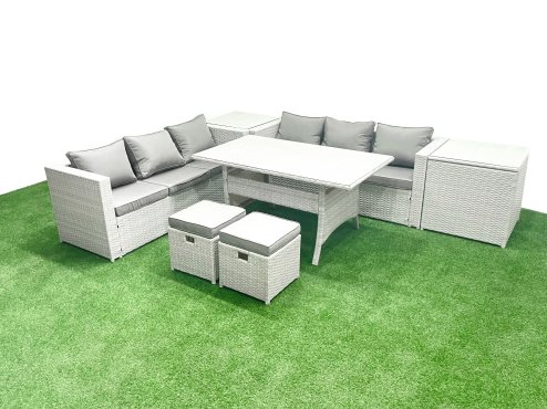 Fimous Rattan Garden Furniture Set 8 Seater Outdoor Sofa Set with Dining Table 2 Side Tables 2 Small Footstools Light Grey Mixed