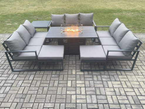 Fimous Aluminium 11 Seater Garden Furniture Outdoor Set Patio Lounge Sofa Gas Fire Pit Dining Table Set with 2 Big Footstools Side Table Dark Grey