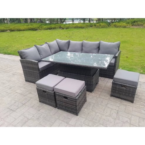 Fimous High Back Corner Rattan Garden Furniture Sofa Rising Dining Table Height Adjustable 9 Seater 3 Small Foot Stools