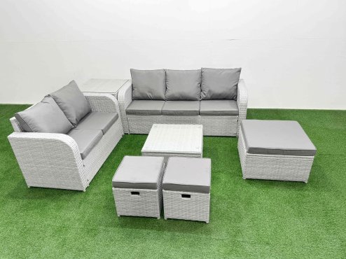Fimous 8 Seater PE Rattan Wicker Garden Furniture Patio Conservatory Sofa Set with Square Coffee Table 3 Seater Sofa Love Sofa 3 Stool Side Table