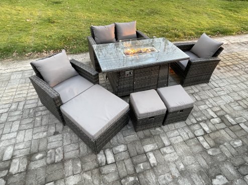 Fimous 7 Seater?Outdoor Rattan Sofa Set Garden Furniture Gas Firepit Dining Table Heater with 3 Footstools Dark Grey Mixed