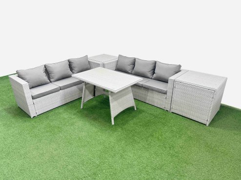 Fimous Rattan Garden Furniture Dining Set 6-seater Patio Rectangular Table 3 Seater Sofa Set with 2 Side Tables Light Grey