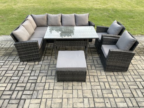 Fimous 9 Seater High Back Rattan Garden Furniture Set Corner Sofa With Rectangular Dining Table 2 Arm Chairs Big Footstool