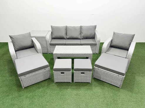 Fimous PE Wicker Rattan Furniture Sofa Sets with Oblong Coffee Table 3 Seater Sofa 4 Stools Side Table Light Grey Mixed