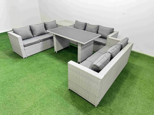 Fimous Patio Outdoor Garden Furniture Sets with Black Glass Top Dining Table 3 Seater Sofa Side Table Light Grey