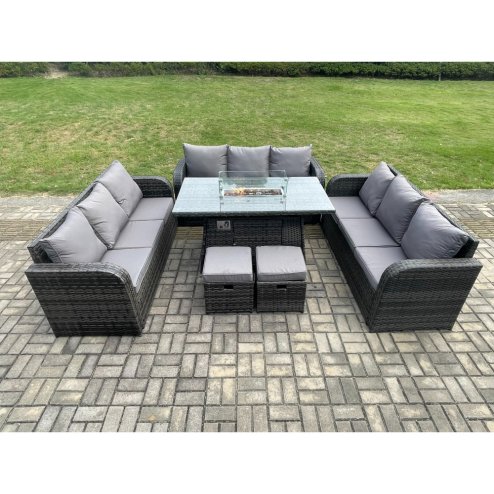 Fimous Rattan Furniture Garden Dining Set Gas Fire Pit Table With Lounge Sofa 2 Small Footstools Dark Grey Mixed