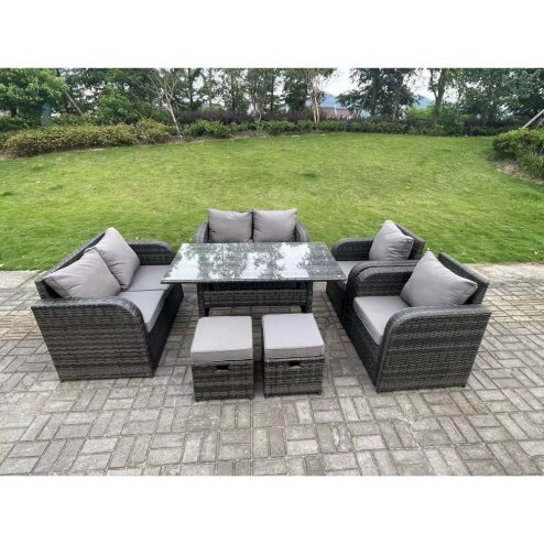 Fimous 8 Seater Dark Grey PE Wicker Rattan Garden Furniture Set Reclining Chair 2 Seater Love Sofa Set Outdoor Rectangular Dining Table 2 Stools