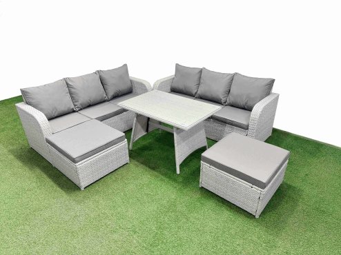 Fimous Patio Dining Table & Chairs Set Rattan High Back Lounge Sofa Set with 3 Seater Sofa 2 Big Stool Light Grey