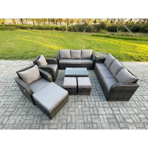 Fimous Rattan Outdoor Garden Furniture Sofa Set Patio Table & Chairs Set with 3 Seater Sofa Reclining Chair 3 Footstools 3 Seater Sofa Side Table Dark Grey Mixed