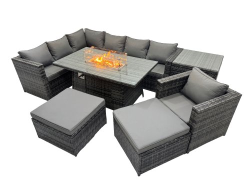 Fimous Rattan Garden Furniture Dining Set 9-seater Gas Firepit Dining Table Corner Sofa Set with 2 Big Stools Side Table Dark Grey Mixed