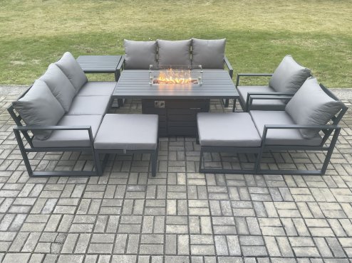 Fimous Aluminium Outdoor Garden Furniture Set Patio Lounge Sofa Gas Fire Pit Dining Table Set with Side Table 2 Big Footstools Dark Grey