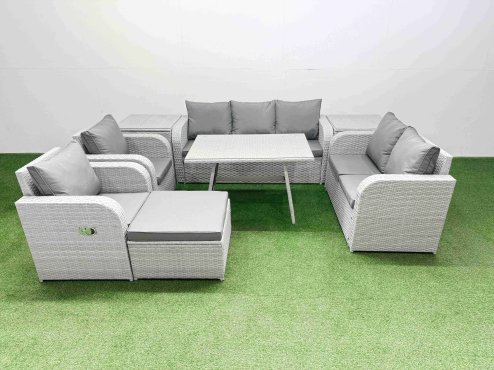 Fimous PE Rattan Garden Furniture Set Outdoor Rectangular Dining Table Sofa Set with Reclining Chair Big Stool 2 Side Tables Light Grey