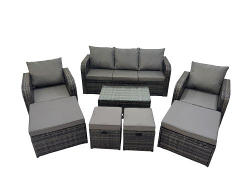 Fimous Outdoor Reclining Chair 3 Seater Sofa Coffee Table Set Garden Rattan Furniture Set 9 Seater with 4 Stools Dark Grey