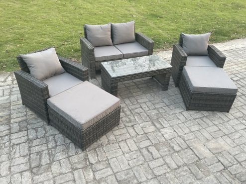Fimous 6 Seater High Back Rattan Garden Furniture Sofa Sets with Rectangular Coffee Table Armchair 2 Big Footstool Dark Grey Mixed