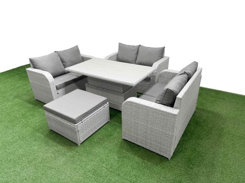 Fimous 7 Seater PE Wicker Rattan Furniture Sofa Sets with Adjustable Lifting Dining or Coffee Table 2 Seater Love Sofa Big Footstool Light Grey