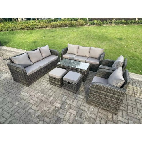 Fimous 10 Seater Dark Grey PE Wicker Rattan Garden Furniture Set Reclining Chair 3 Seater Lounge Sofa Set Outdoor Rectangular Coffee Table