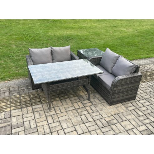 Fimous 4 Seater Rattan Outdoor Garden Furniture Set Rectangular Dining Table and Loveseat Sofa Set With Side Table Dark Grey Mixed
