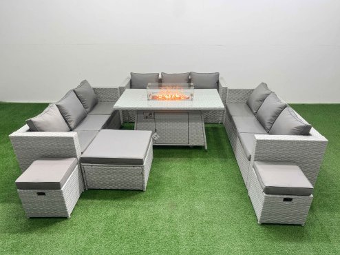 Fimous PE Rattan Lounge Sofa Set Outdoor Garden Furniture Set with Firepit Dining Table 3 Seater Sofa 3 Stools Light Grey
